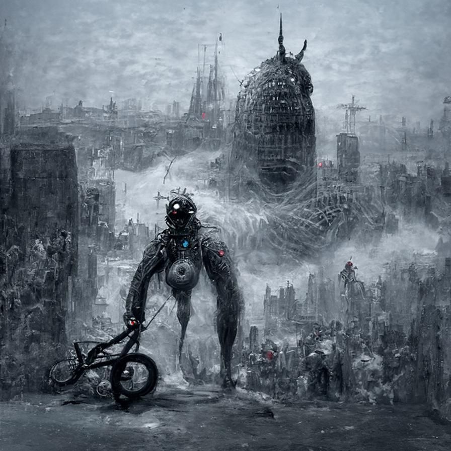 Cybernetic Cyclops in Cyberpunk Cityscape