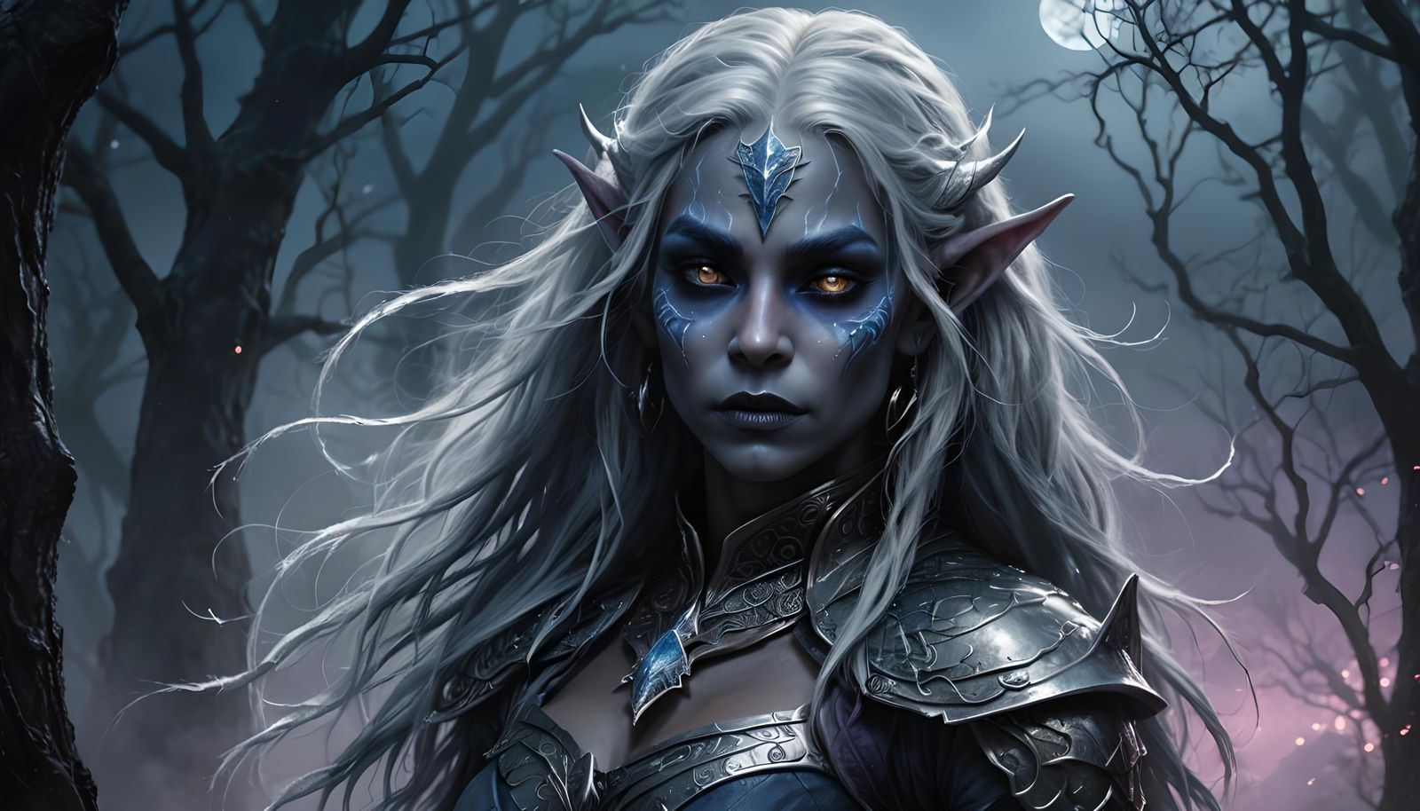 Hyperrealistic Dark Elf Woman with Silver Hair