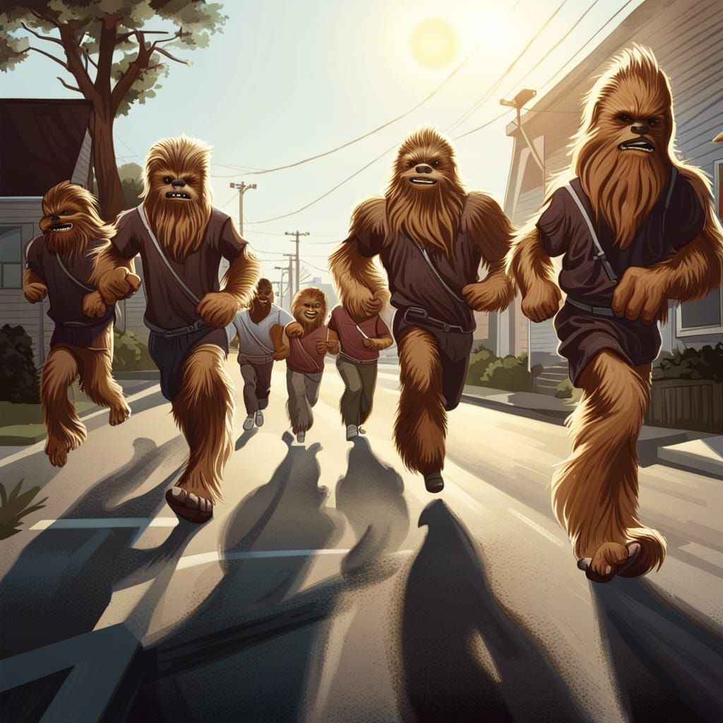 A group of wookies in sports clothing, jogging in formation ...