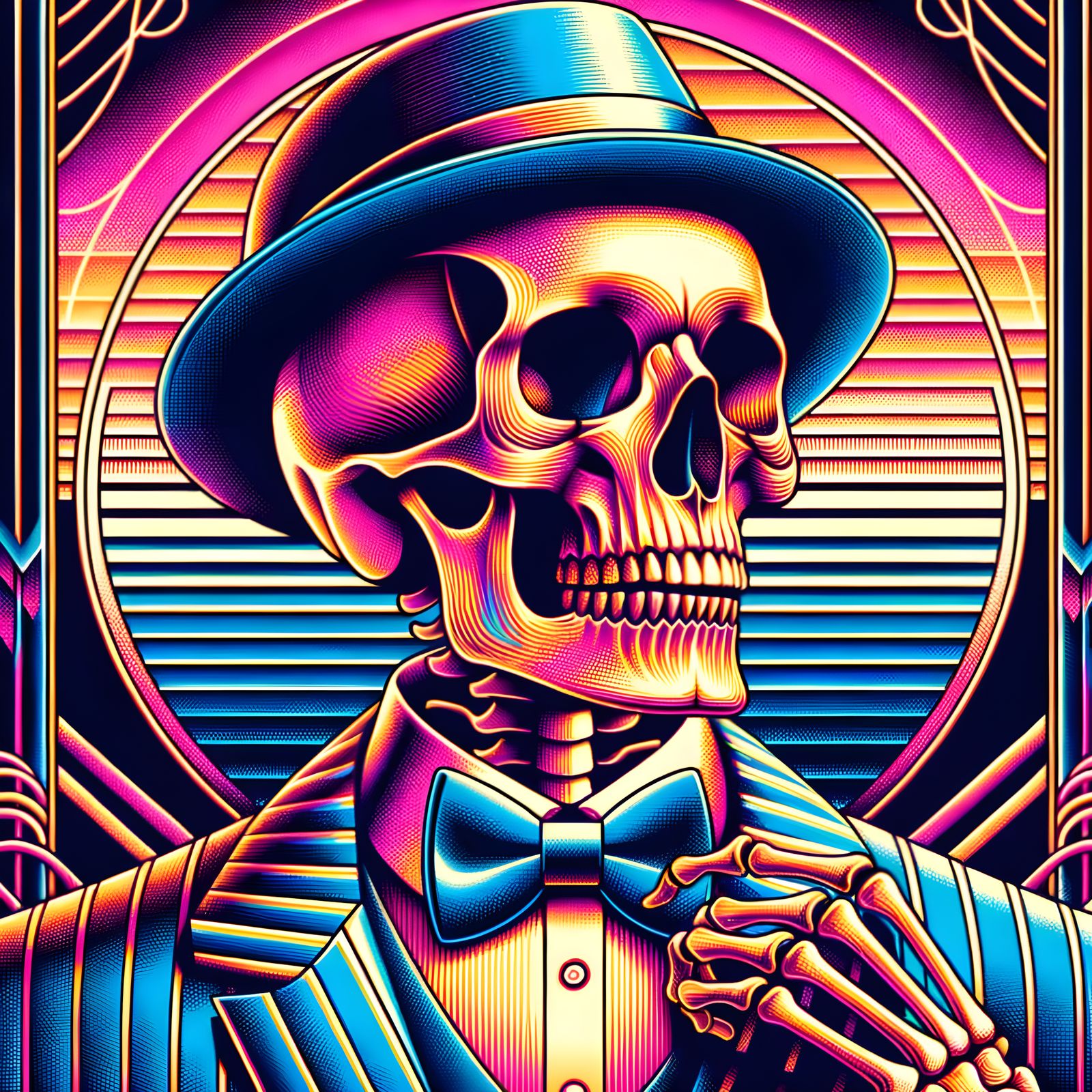 Glamorous Skeleton in Art Deco Attire, Radiant Retro Dreamco...