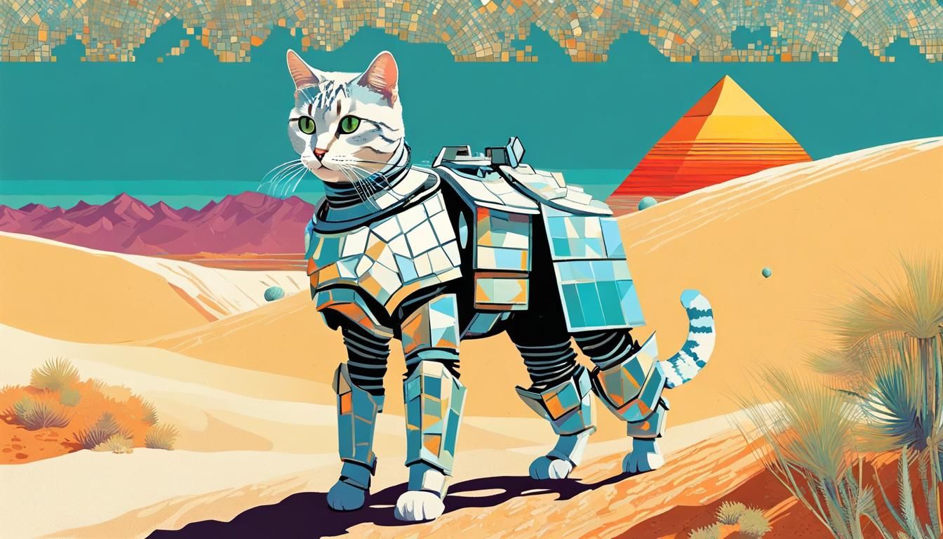 Cyberpunk Feline Warrior in Desert Landscape