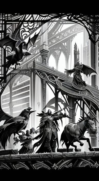 Dark Fantasy Cityscape at Sunset in Black and White