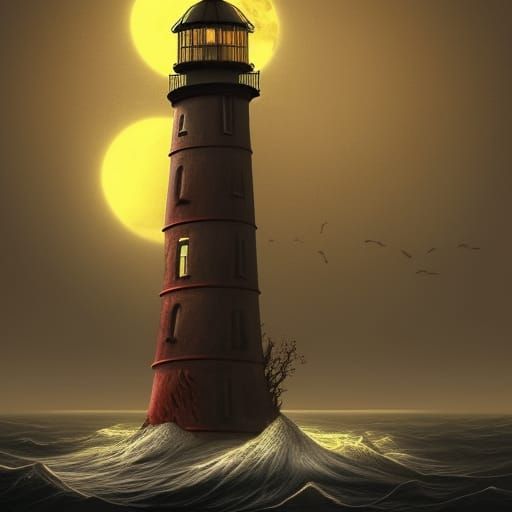Haunted Lighthouse on Island in Dark Horror Style