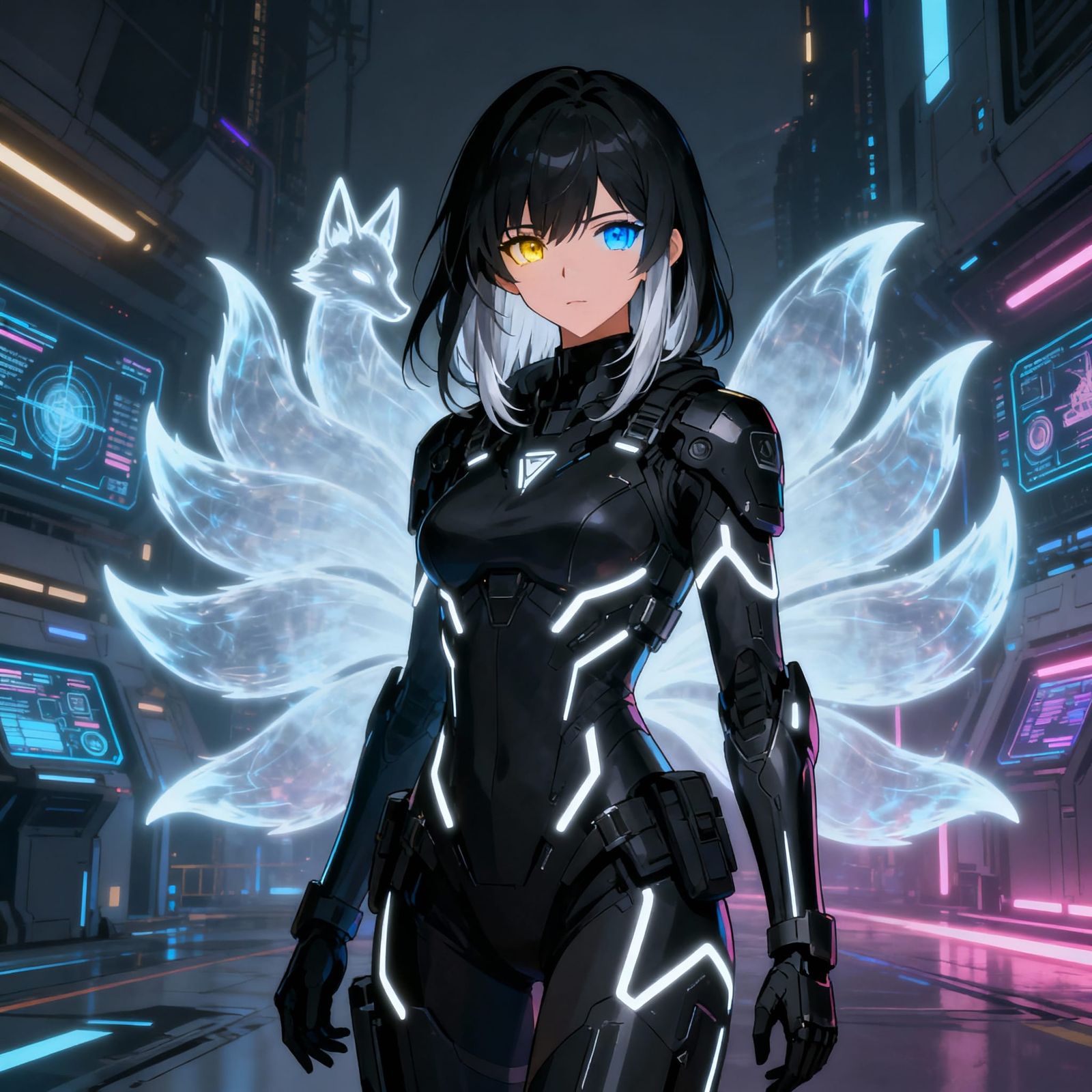 Mysterious Soldier in Glowing Exosuit with Energy Fox Tails