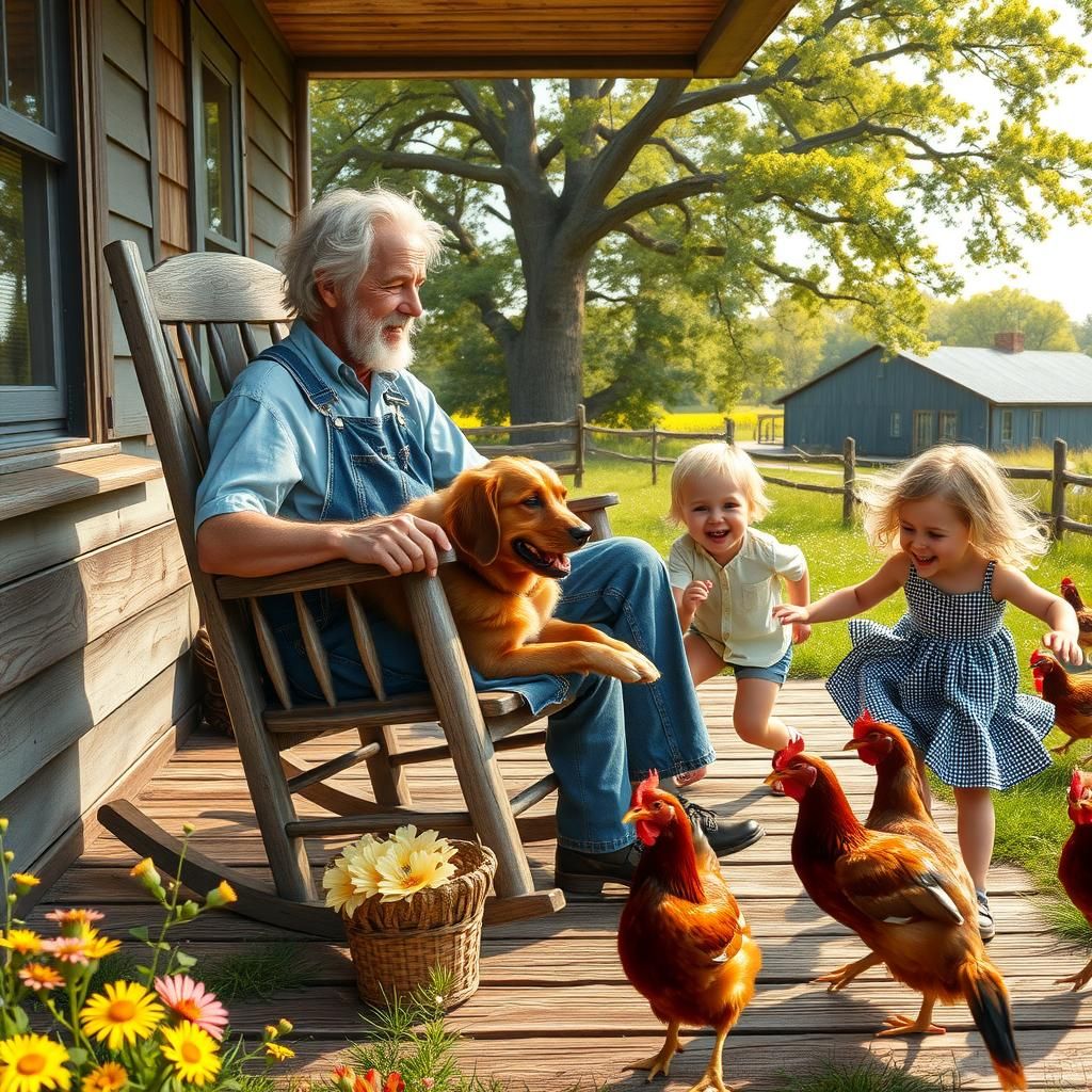 Rural Scene with Old Man, Children, in Folk Art Style