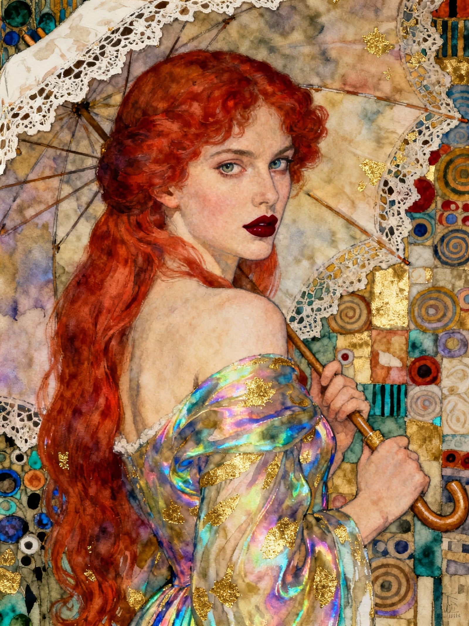 Klimt Style Painting of Pre-Raphaelite Girl with Red Hair