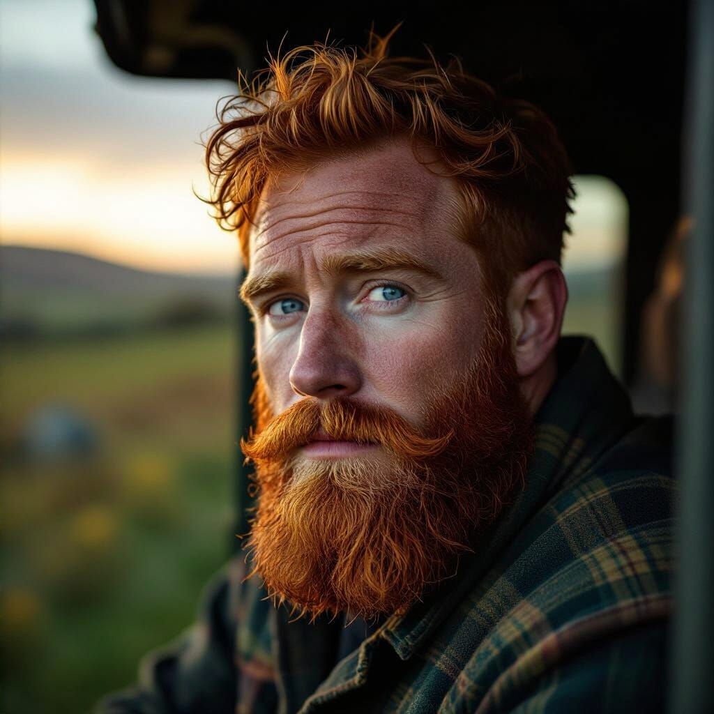 Scottish Warrior with Red Hair and Blue Eyes in Highland Sun...