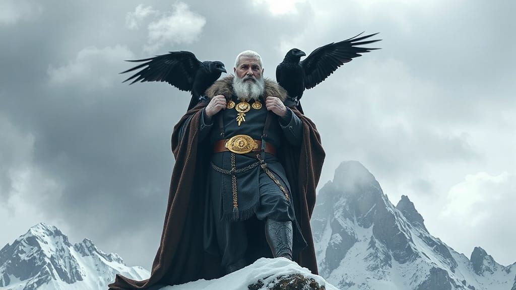 Norse God Odin Surveys Realms with Ravens