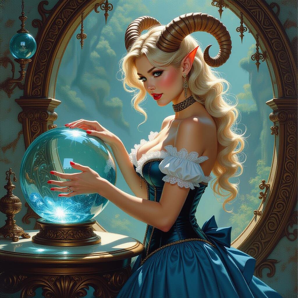 Fantasy Woman Gazing Into Glass Spheres