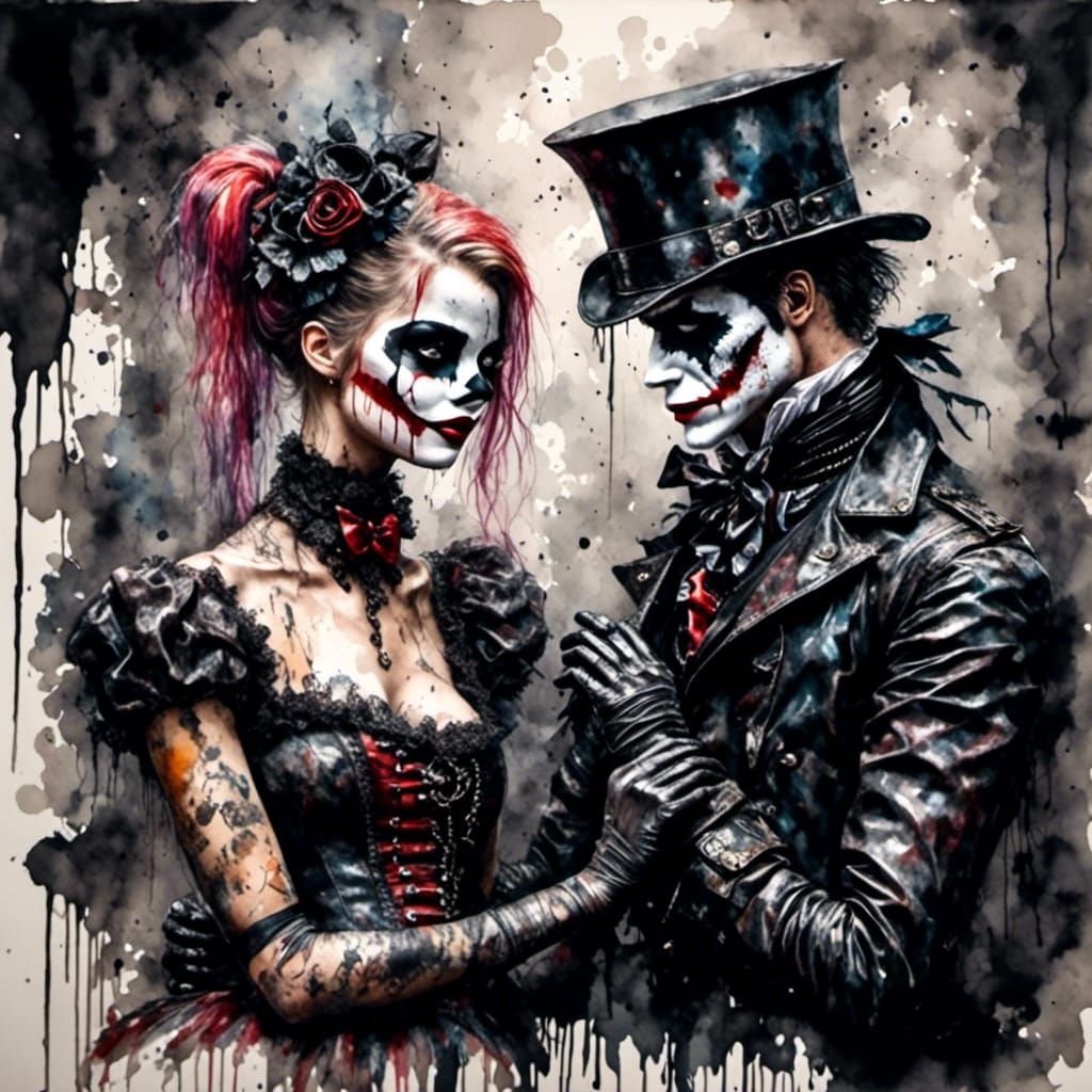 Macabre Joker and Harley Quinn Watercolor Portrait