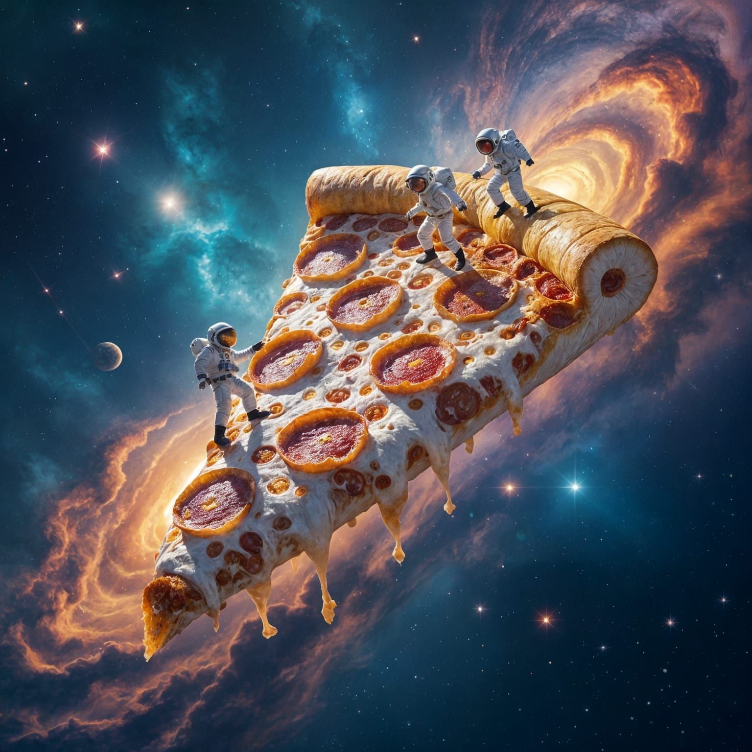 Giant Pepperoni Pizza in Cosmic Space Adventure