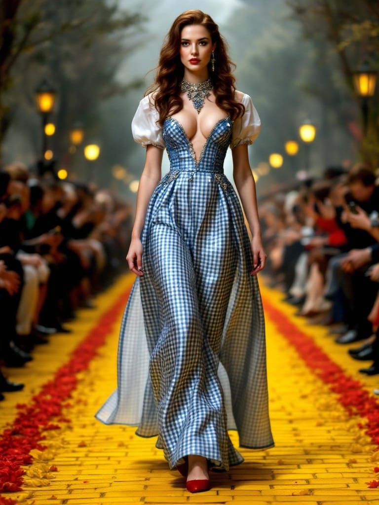 Elegant Adult Dorothy in Gingham Ball Gown Walking the Yello...