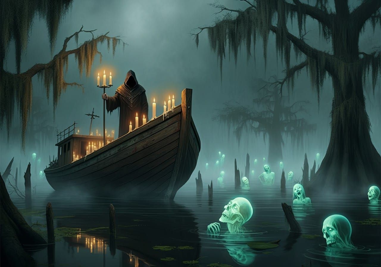 Charon Ferrying Souls of the Damned in Gloomy Swamp