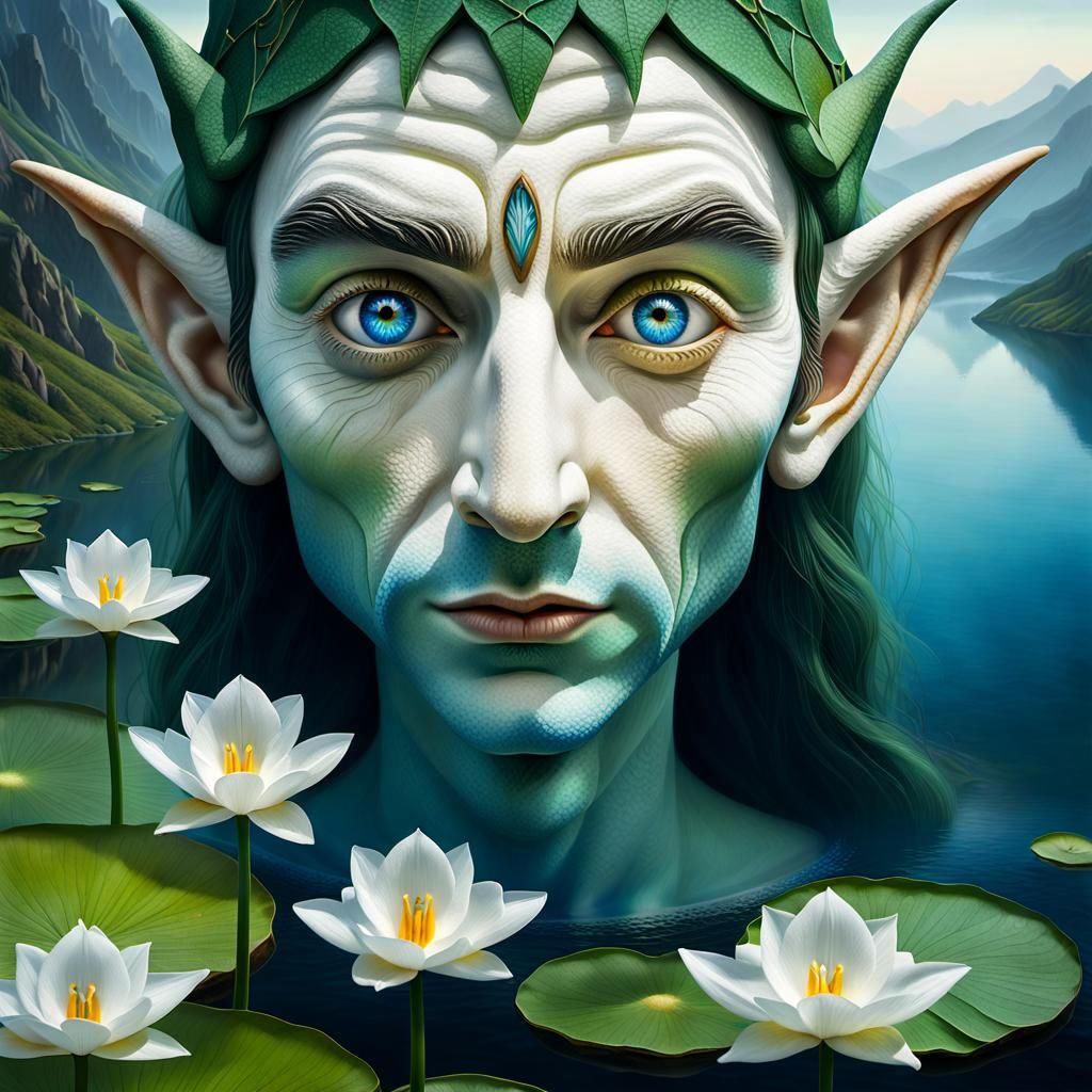 Surreal Elf Portrait: Mountain Face and Lake Eyes