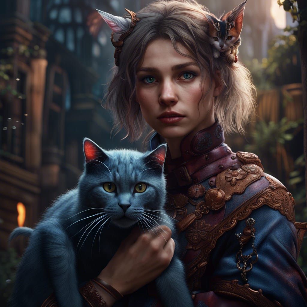 Fantastical Girl and Cat in Detailed Digital Painting