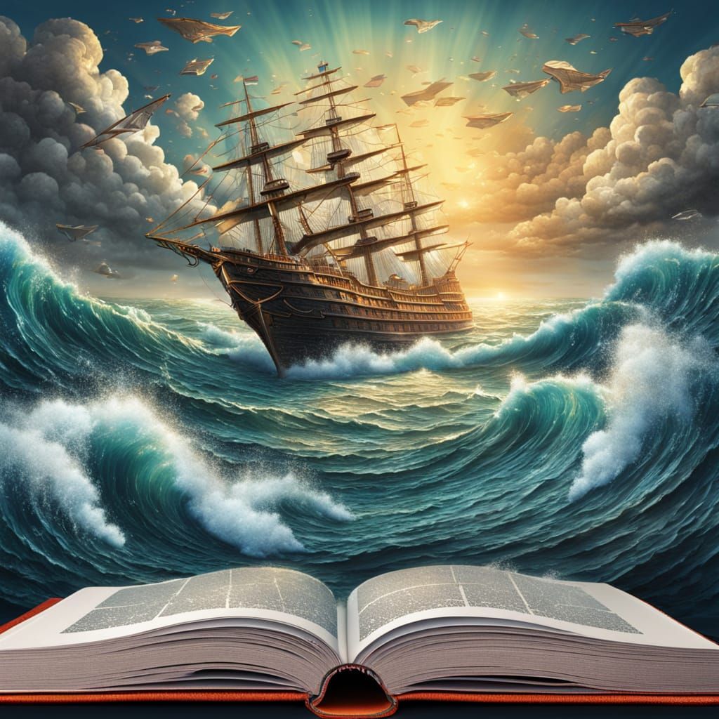 Fantasy Ships Sailing on a Book, Surreal Illustration