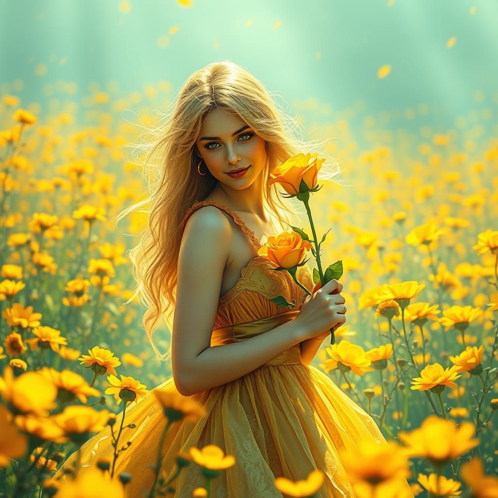 Golden Maiden in a Floral Oasis
