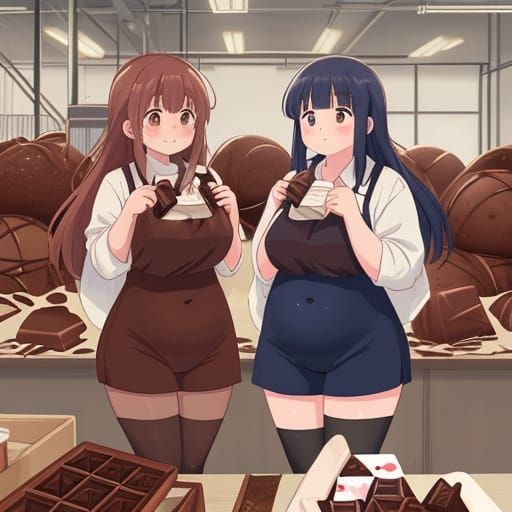 Anime Girls Covered in Chocolate in Factory