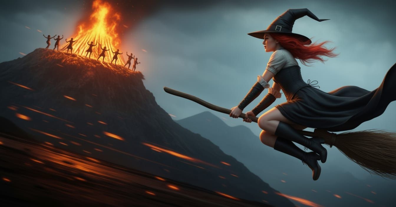 Witch on Broomstick Flies Past Mountain Bonfire