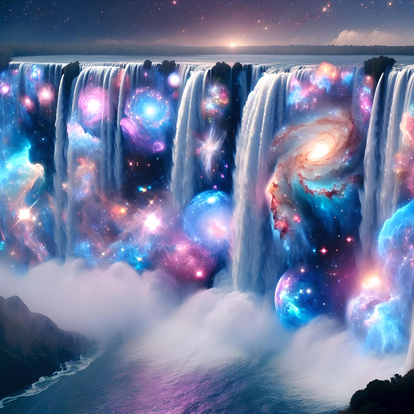 Cosmic Waterfall of Nebulae and Galaxies