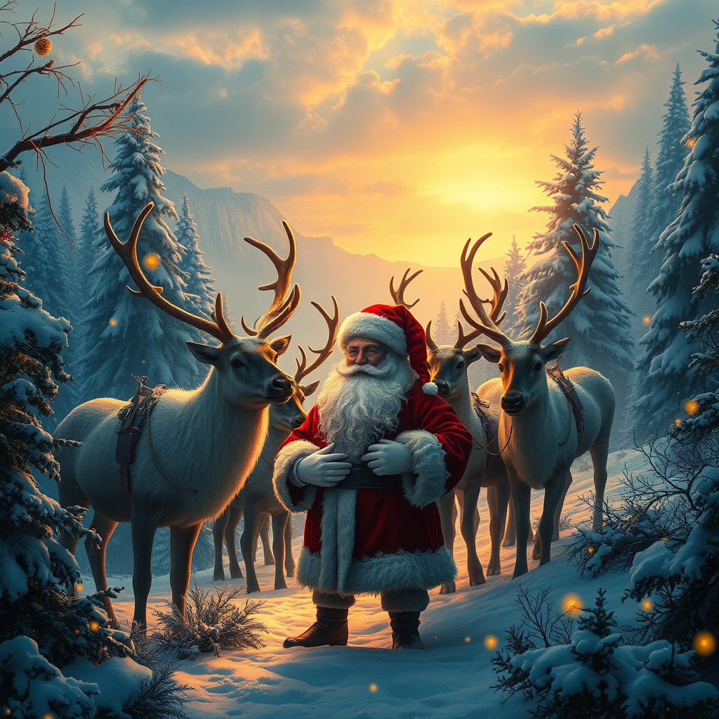 Santa Claus and Reindeer in Winter Wonderland