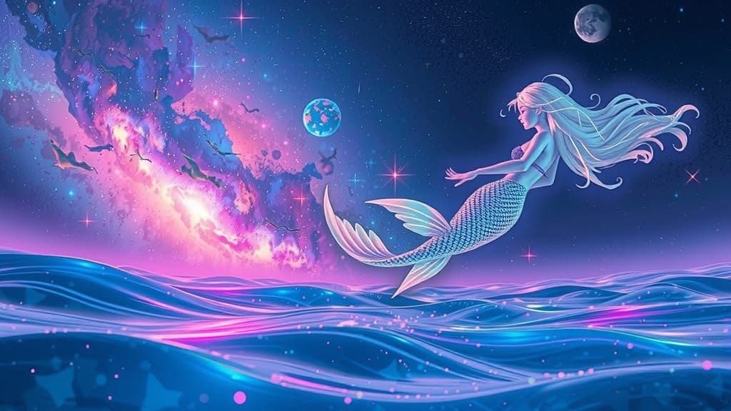 Holographic Mermaid Over Neon Stars