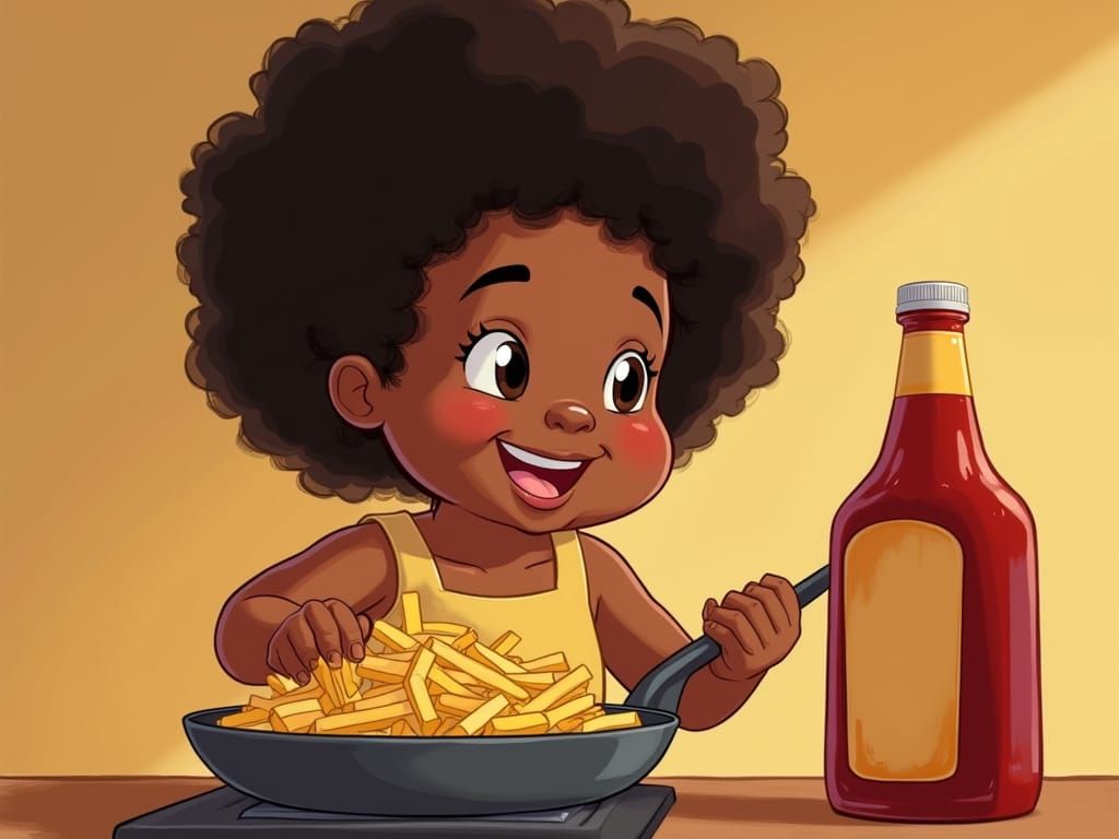 Joyful Black Girl Cooking Fries, Pixar-Inspired Animation