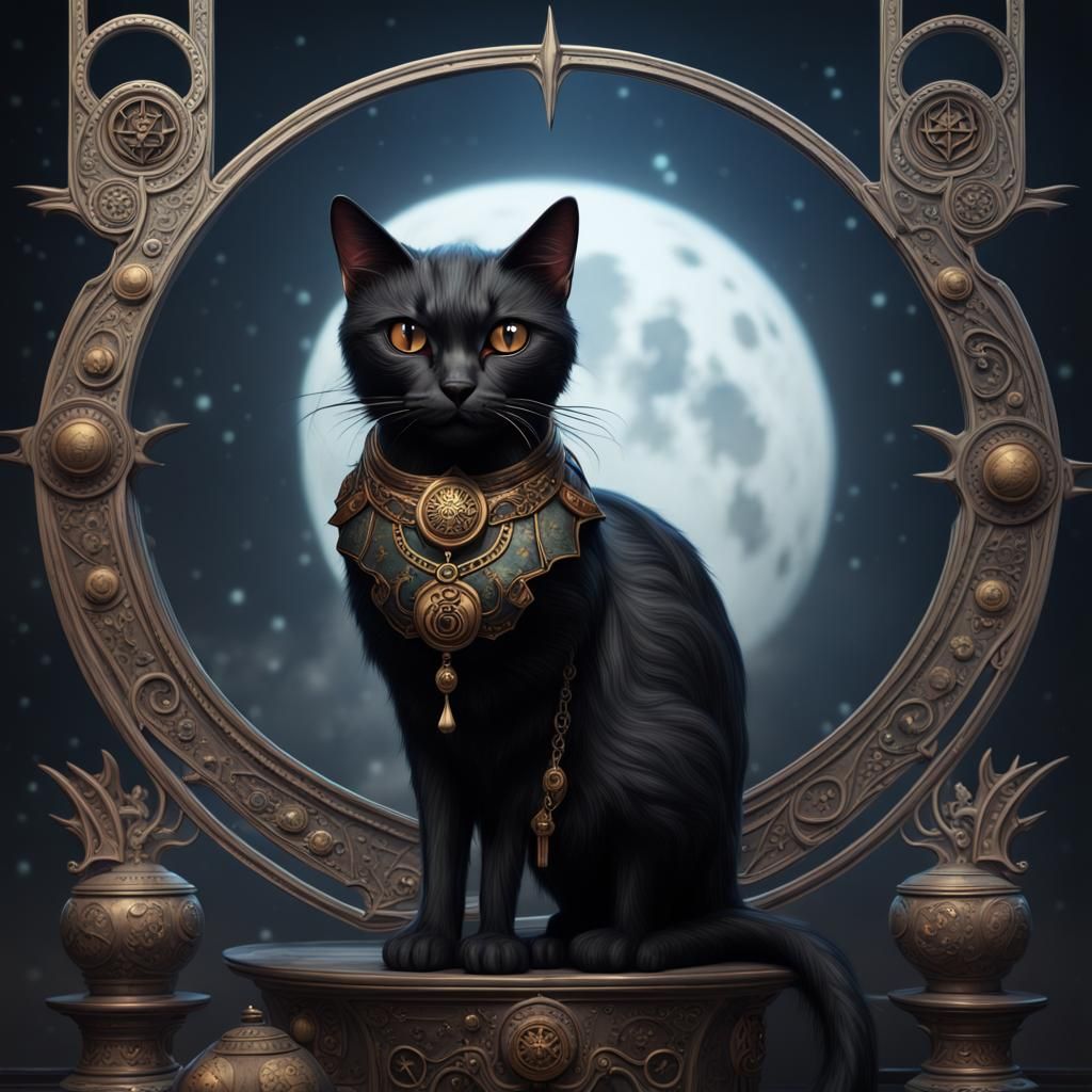 Gothic Black Cat with Moon Symbol, Detailed Matte Painting