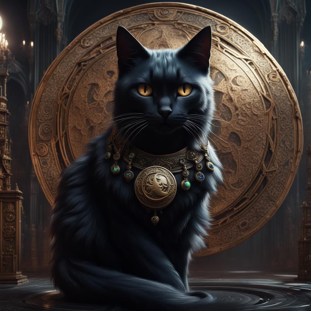 Gothic Black Cat with Moon Symbol: Fantasy Art