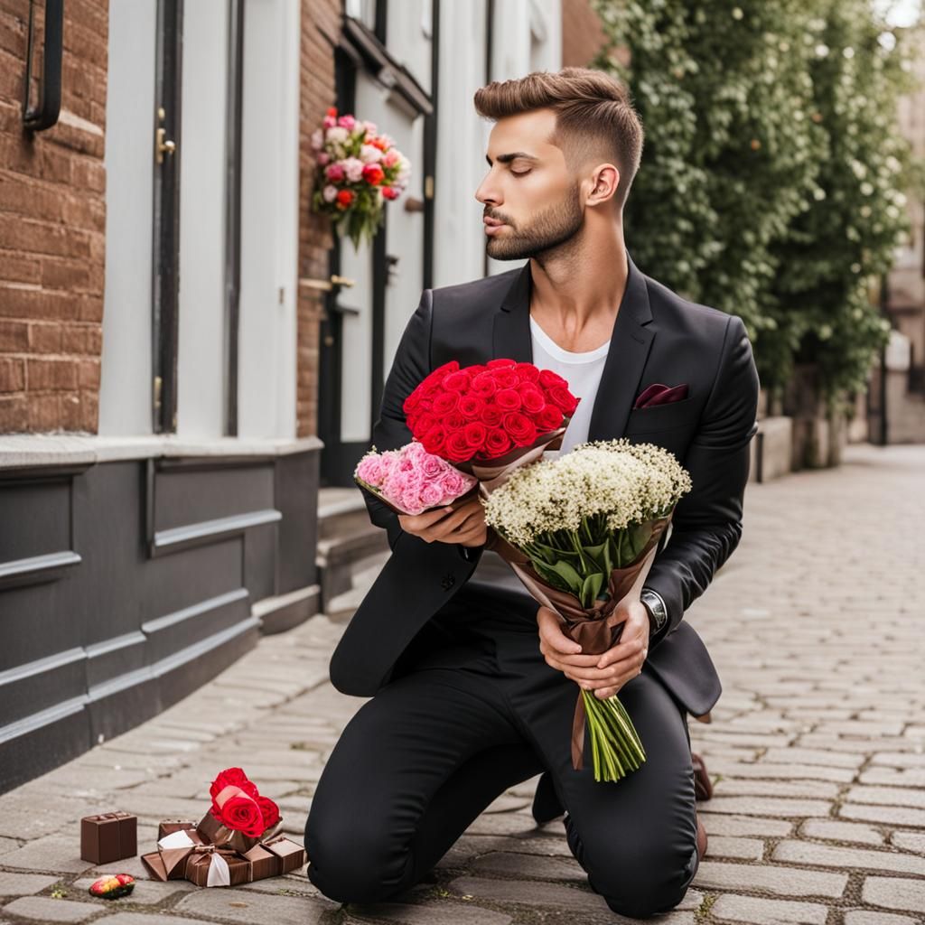 Gay guy on knees with bunch of flowers and chocolates saying sorry