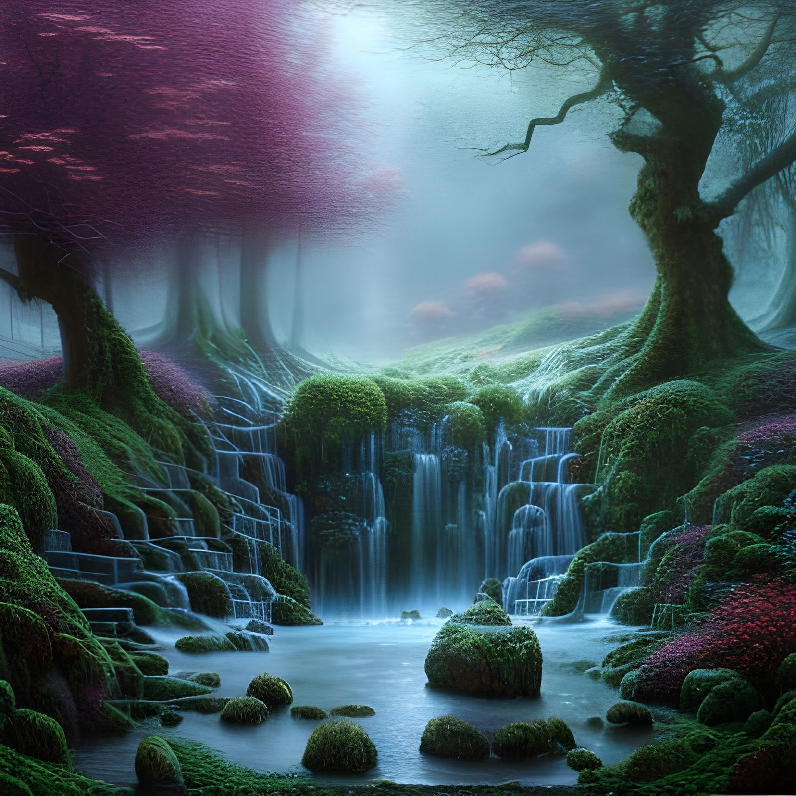 Enchanted Orchard with Magical Fruits and Waterfall