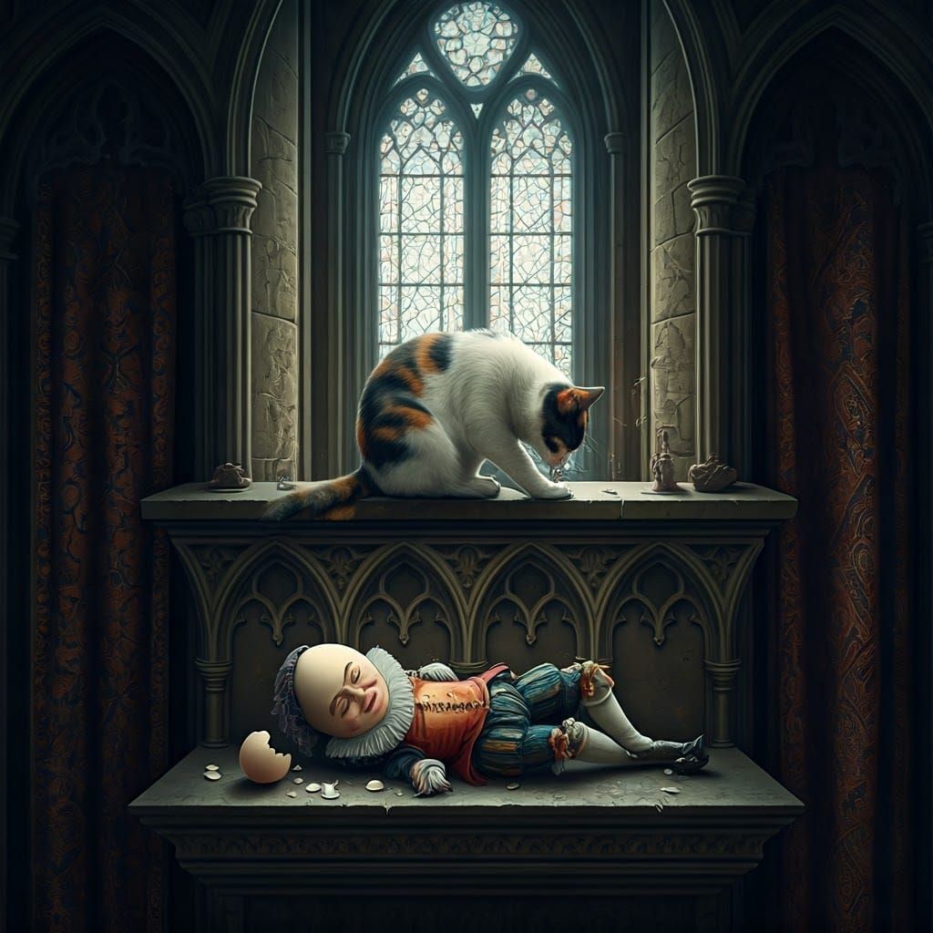 Humpty Dumpty's Fall in Medieval Castle, Digital Art