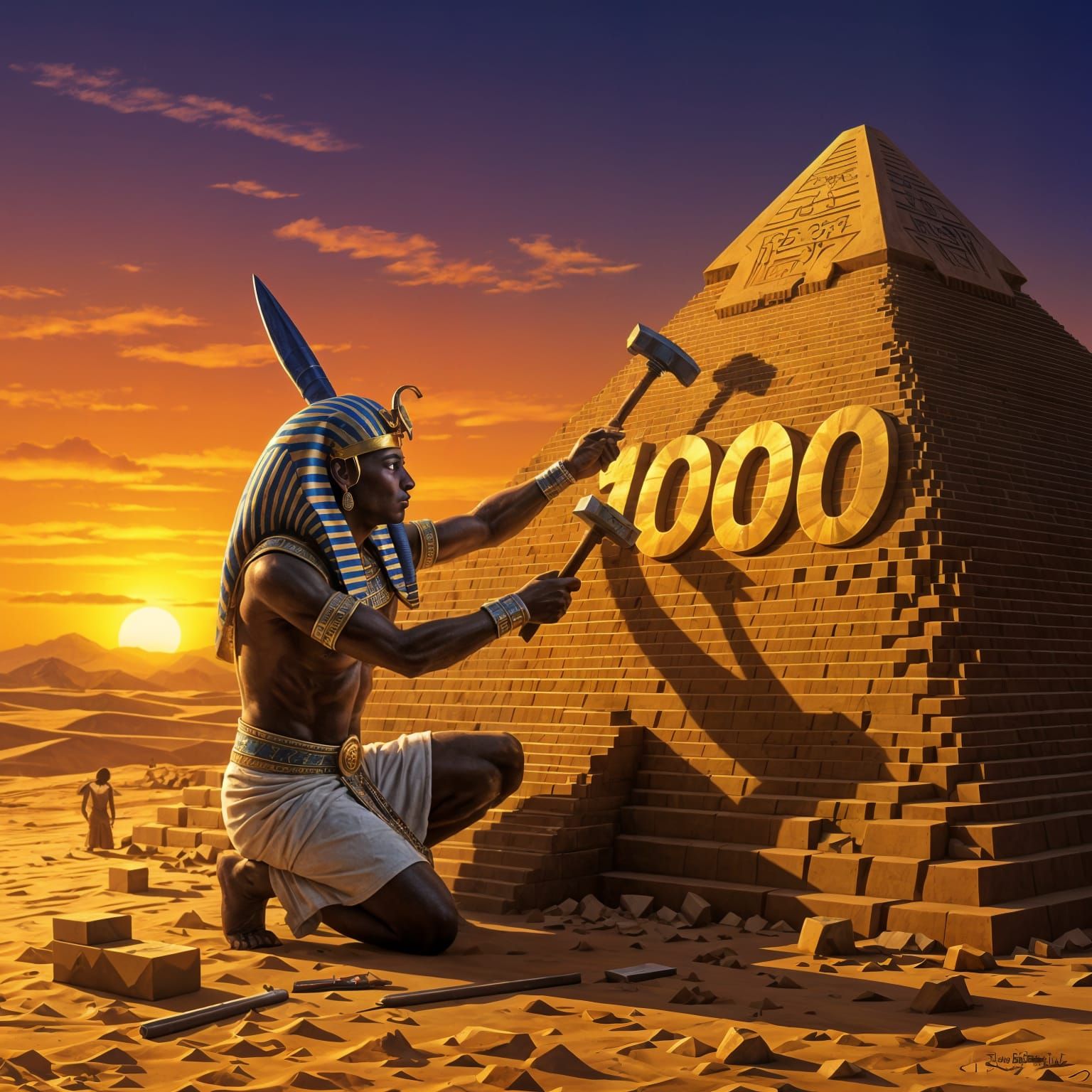 An Egyptian god busy writhing with a hammer and chisel the w...