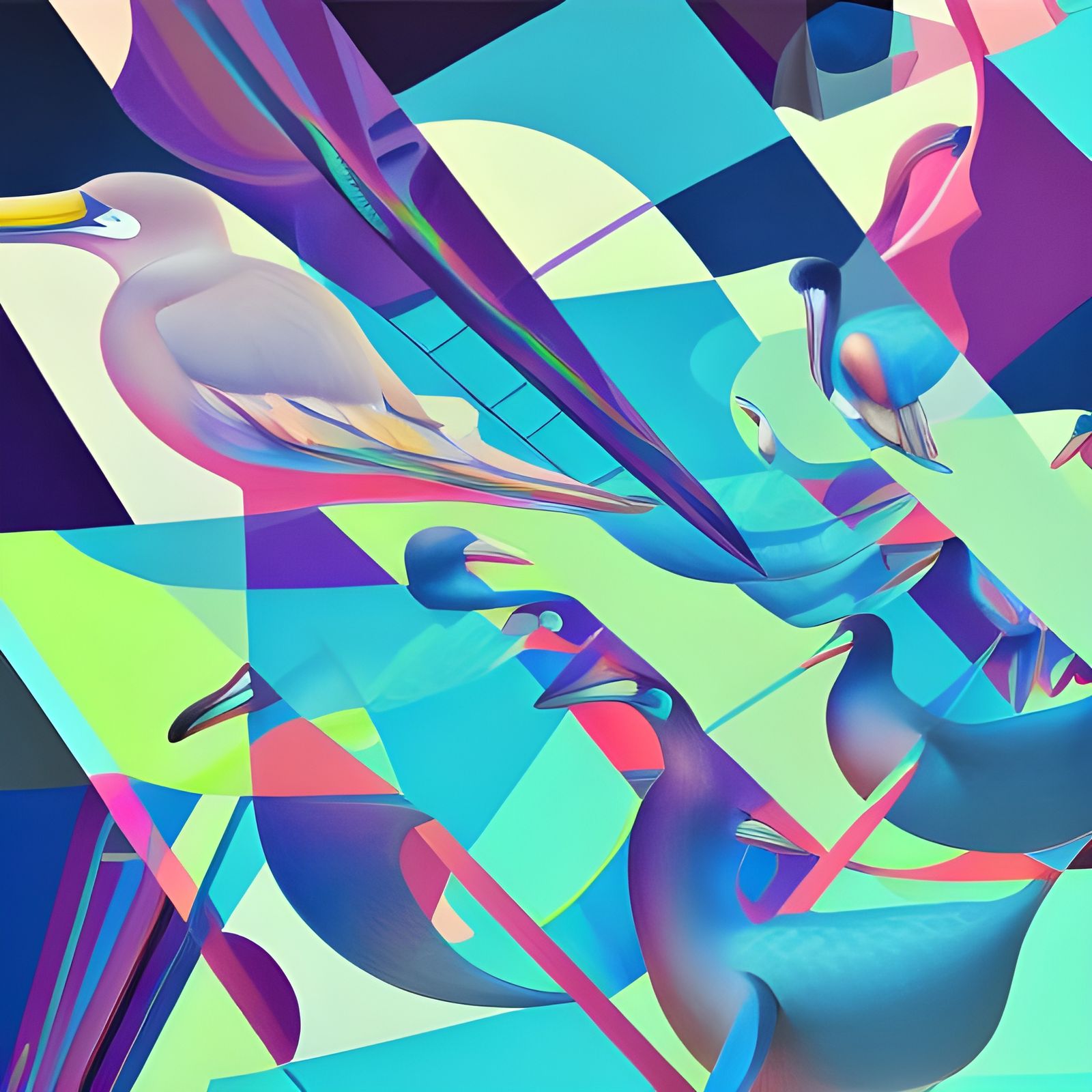 Blue-Footed Boobies in Geometric Cosmic Art Deco Style