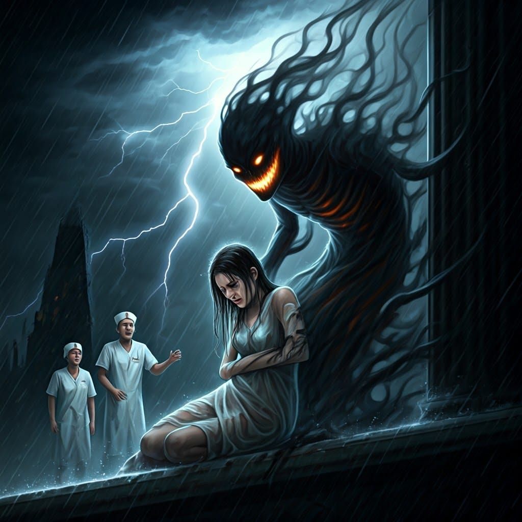 Distressed Woman with Shadow Figure in Digital Painting