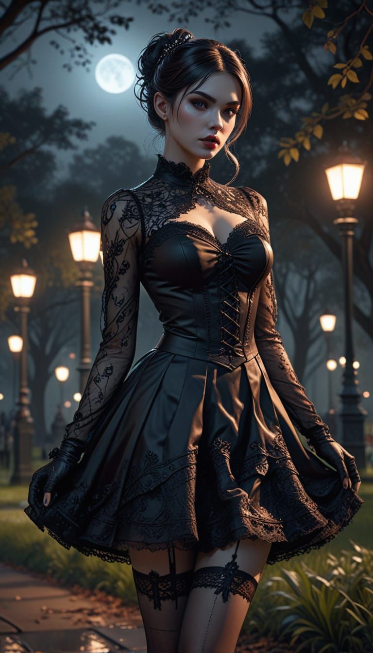 Gothic Lolita Supermodel Posing in Moonlit Park