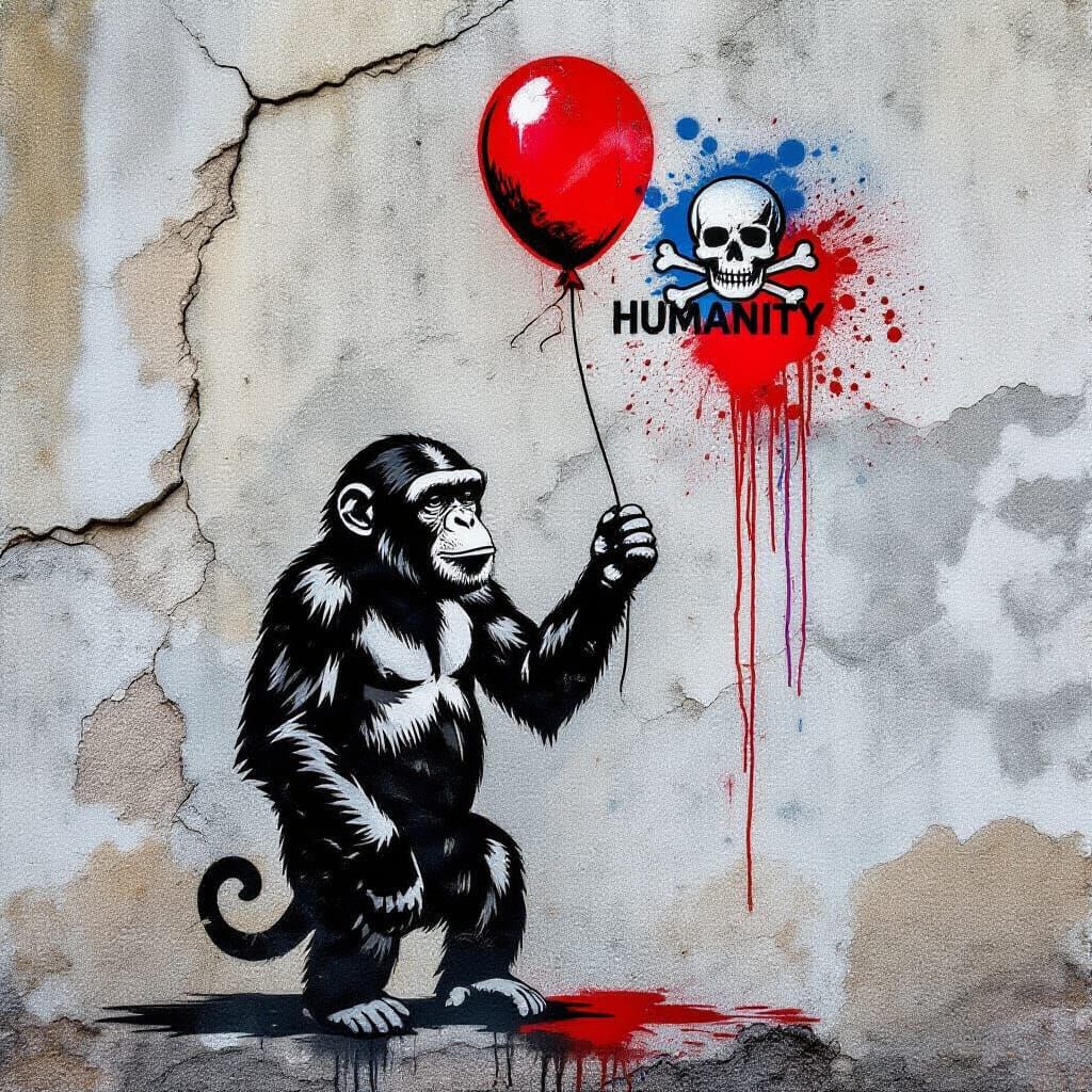 Banksy-Style Chimpanzee Street Art with Red Balloon