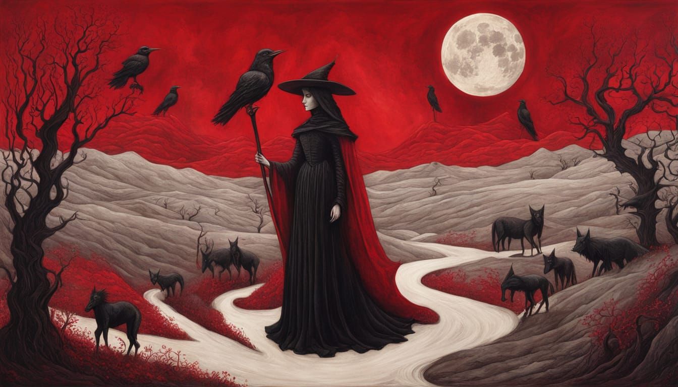 Witches in Crimson Textured Layers, Gothic Baroque Art