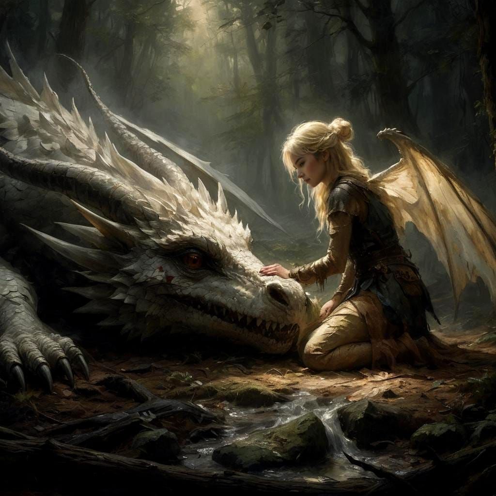 Fey Tending a Wounded White Dragon