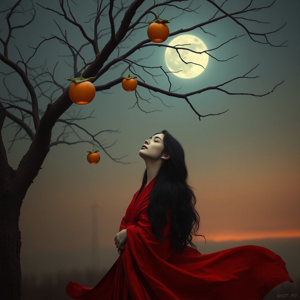 Romantic Woman Under Persimmon Tree in Ethereal Moonlight