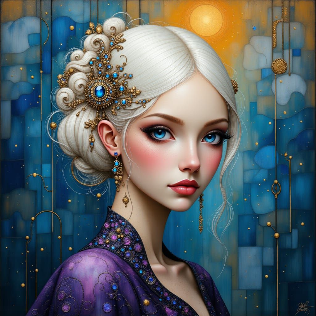 Regal Woman in Art Nouveau-Inspired Gown with Vibrant Abstra...