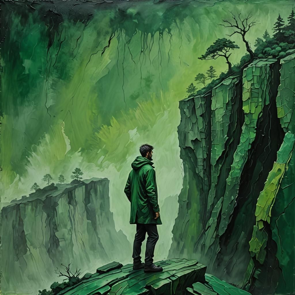 Man on Cliff Edge in Green Mist: Impasto Painting