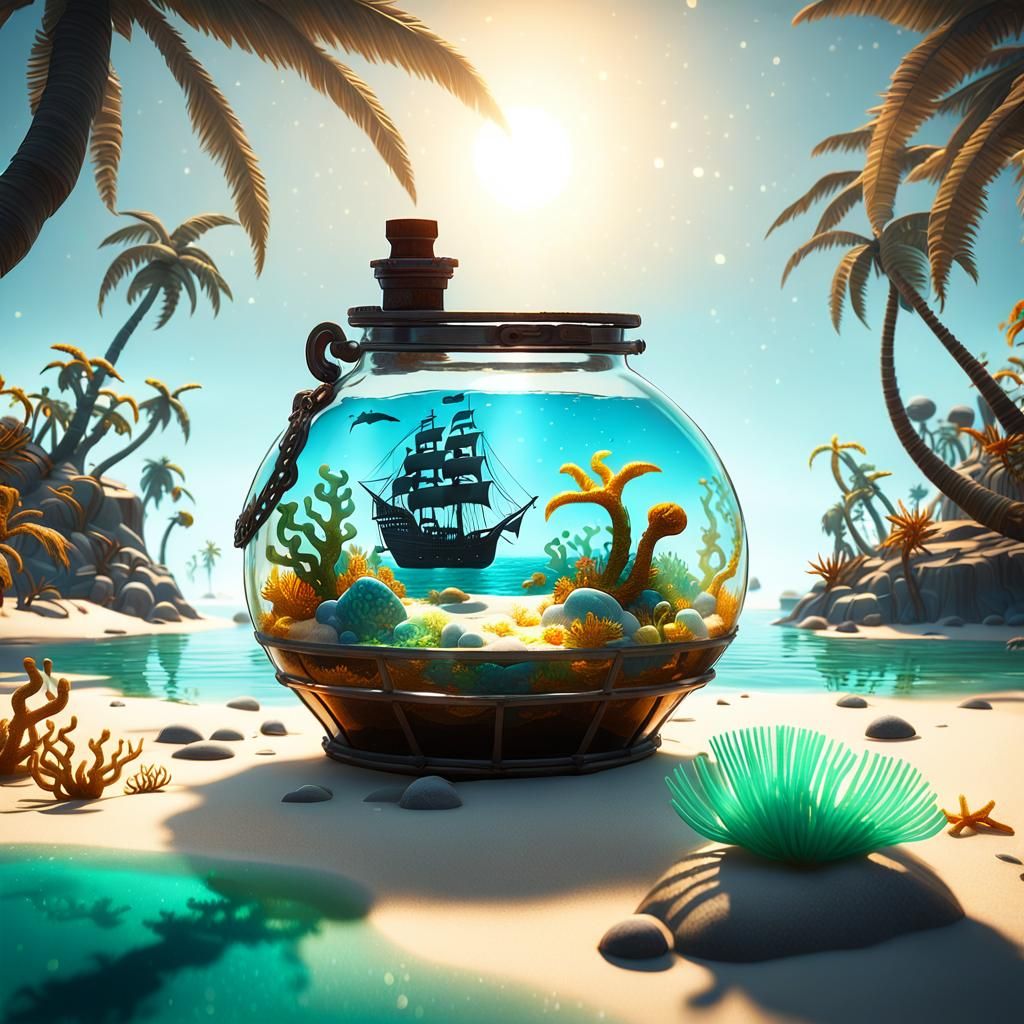 Pirate Ship in a Bottle: Surreal Tropical Island