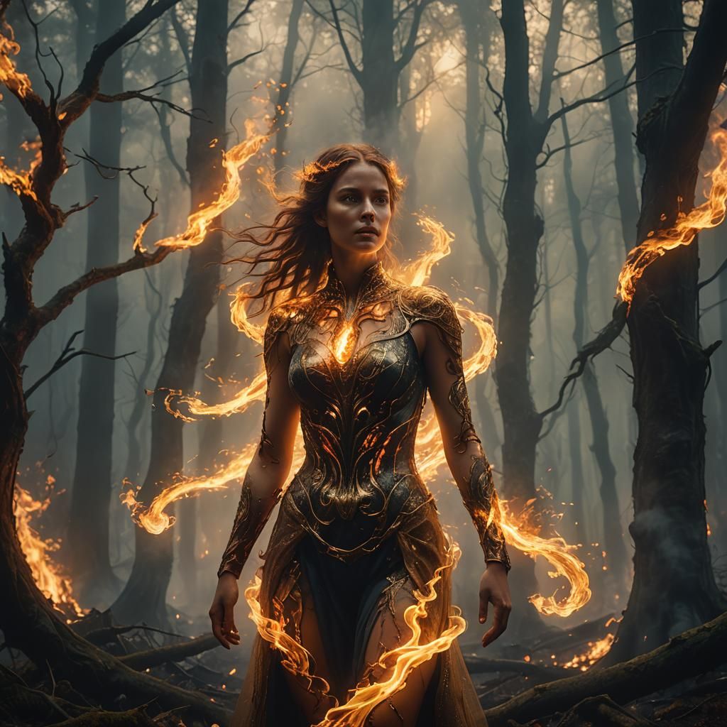Ethereal Woman Ablaze in Misty Forest Landscape