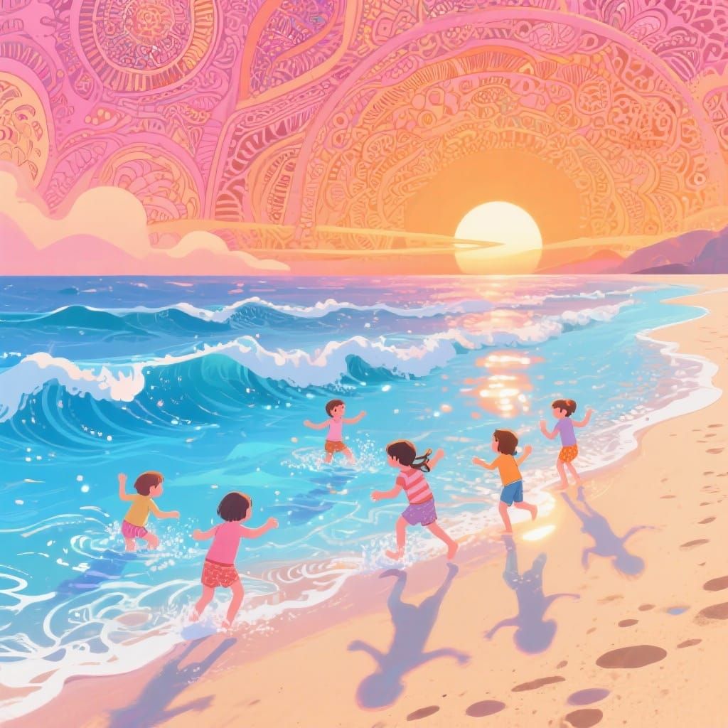 Vibrant Sunset Beach Scene with Children Playing