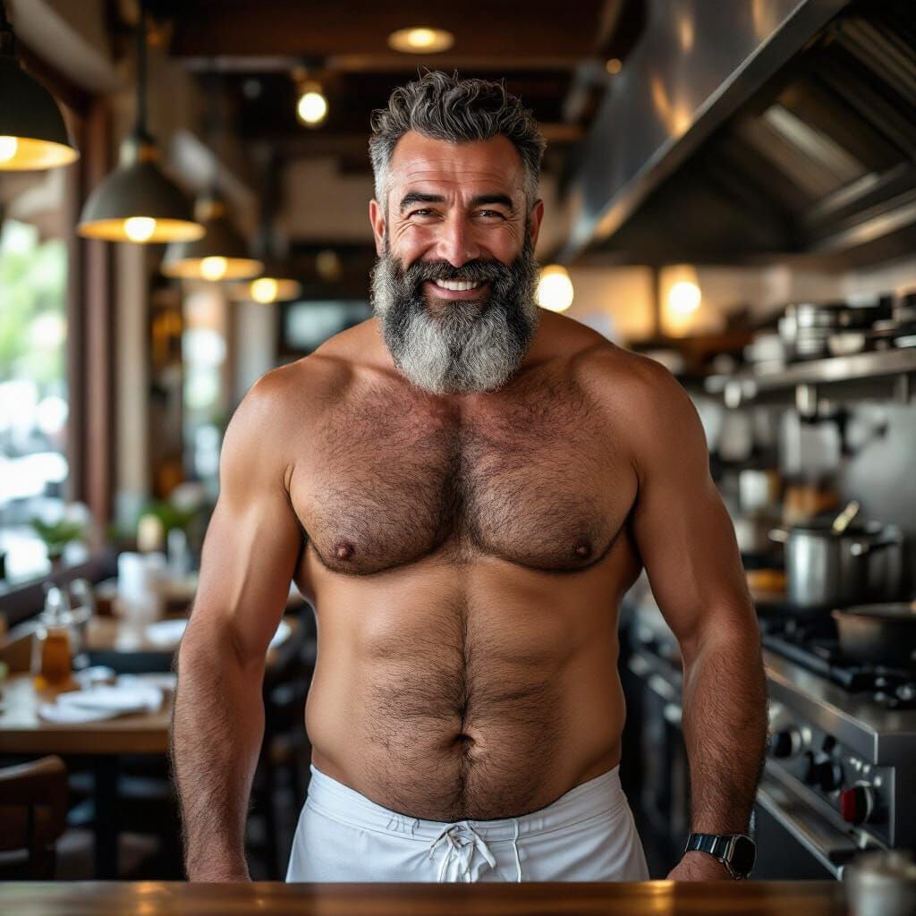 Hairy Turkish Chef in Restaurant Kitchen