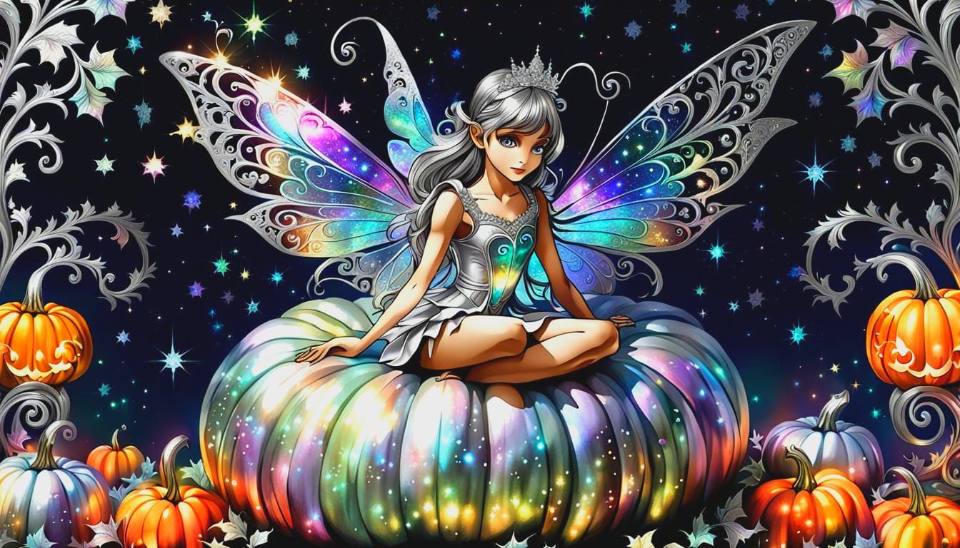 Iridescent Fairy on Shimmering Silver Pumpkin