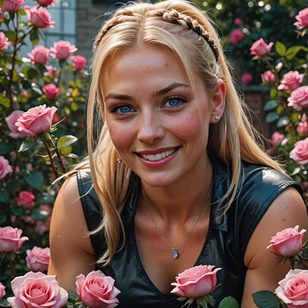 Vivacious Blonde Woman Picking Rose: Hyper-Realistic Portrai...