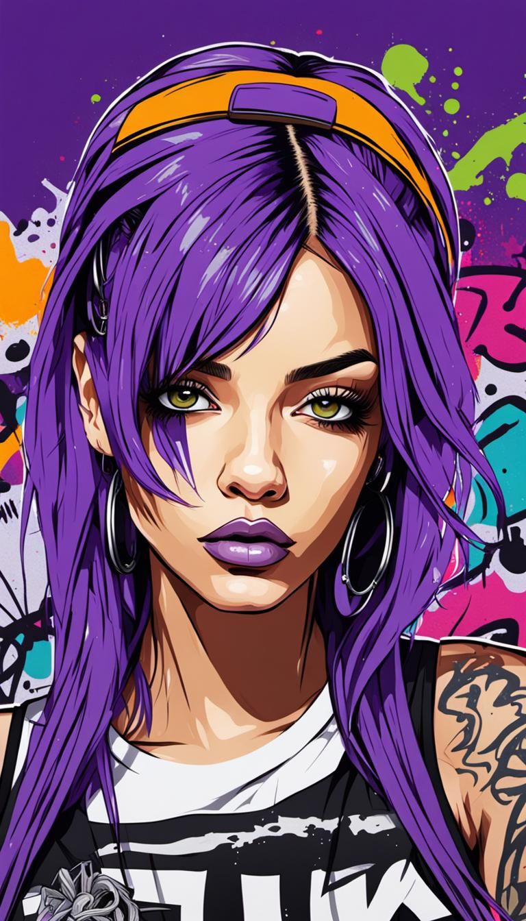 Rapper Girl with Purple Hair and Graffiti Background
