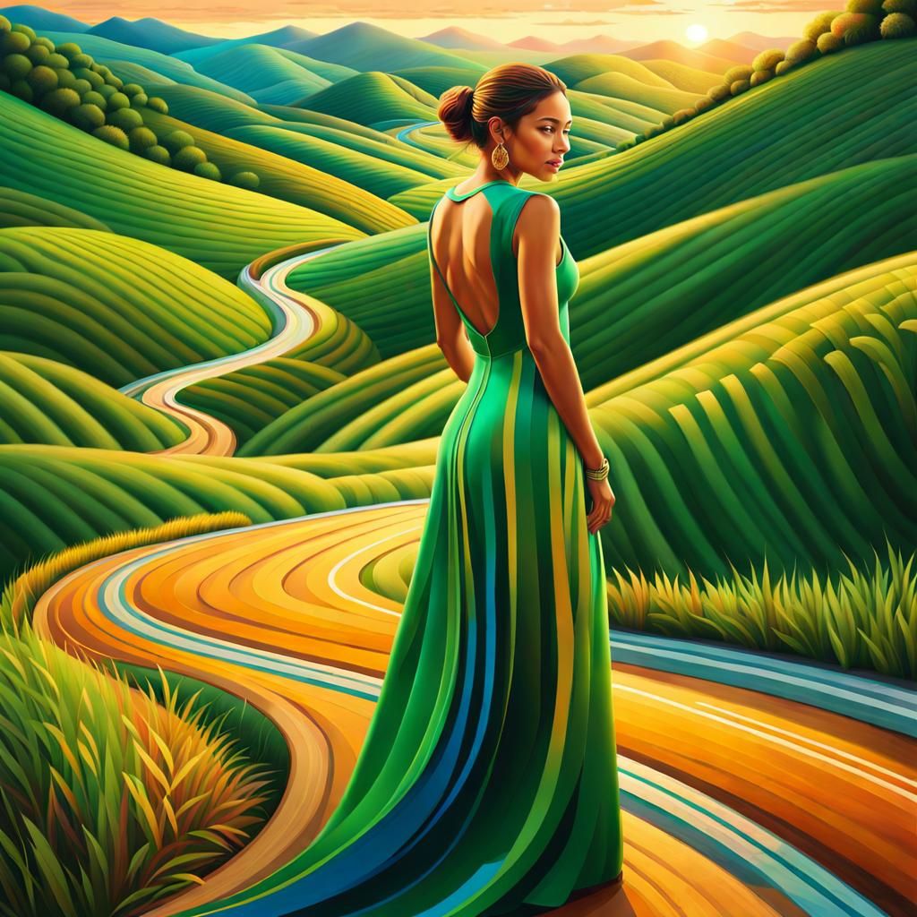 Woman on Winding Road in Hyperrealistic Digital Art